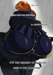 aeng-du_(limbus_company) ass ass_focus big_butt chair creaking english_text green_eyes id_card ishmael_(limbus_company) limbus_company motion_lines onomatopoeia orange_hair paper pen_in_mouth simple_background suit suit_and_tie teyo_jominu wobble wobbling_ass