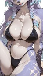 1girl ai_generated bikini black_bikini blue_hair body_fur braid breasts cantarella_(wuthering_waves) cleavage collarbone decurse furry furry_female head_out_of_frame large_breasts long_hair navel simple_background sitting solo swimsuit twin_braids white_background wuthering_waves