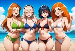ai_generated beach bicolored_hair bikini black_hair corrin_(fire_emblem)_(female) crossover eastern_and_western_character kill_la_kill kim_possible medium_breasts orange_hair ryuko_matoi sam_(totally_spies) white_hair