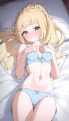 ai_generated blonde_female blonde_hair lace lace_panties lillie_(pokemon) looking_at_viewer on_bed pokemon underwear underwear_only