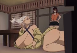 2girls ass ayase_momo ayase_seiko beehive_hairdo big_ass big_breasts breasts brown-haired_female brown_eyes brown_hair brunette clothing dandadan earrings female female_only gilf grandmother grandmother_and_granddaughter grandparent gyaru hoop_earrings milf multiple_females multiple_girls n647 pulled_up_hair skirt thick_thighs white-haired_female white_hair younger_female