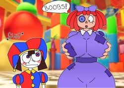 2d 2d_(artwork) 2d_artwork 2girls big_boobs big_breasts boobs breasts clothed clothes doll doll_girl ferman gulp jester jester_hat jester_outfit looking_at_another open_mouth pomni_(the_amazing_digital_circus) ragatha_(the_amazing_digital_circus) tadc the_amazing_digital_circus thick thick_thighs thighs voluptuous voluptuous_female wobbling_breasts