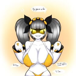 bikini boobs breasts darkxmoza_off female female_focus female_only glitch_productions grey_hair grey_hair_female j_(murder_drones) murder_drones pink_background pointing_at_breasts robot robot_girl robot_humanoid screen_face smile smiling solo solo_female solo_focus yellow_background yellow_eyes yellow_eyes_female