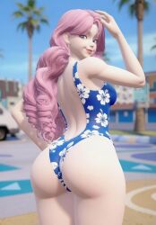 3on3freestyle ai ai_generated big_ass big_butt blair_(3on3freestyle) blue_eyes bubble_ass bubble_butt earrings female female_only pink_hair posing posing_for_the_viewer showing_off_ass swimsuit swimwear