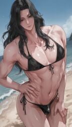 1boy ai_generated aidontknow androgynous beach black_bikini black_hair bulge day femboy flat_chest hand_on_hip hand_on_own_thigh lips long_hair looking_at_viewer mature micro_bikini otoko_no_ko outdoors seductive_smile sexy sexy_pose standing sweat toned trap voluptuous wavy_hair yaoi