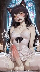 1girl ai_generated animal_ear_fluff animal_ears bare_shoulders black_hair blake_belladonna blush breasts bridal_veil bride candle cat_ears church collarbone cum decurse dress ejaculation erection fangs furry furry_female futanari indoors long_hair mole mole_under_eye open_mouth penis rwby saliva sitting solo spread_legs stained_glass strapless testicles thighhighs uncensored veil wedding_dress white_dress white_thighhighs yellow_eyes
