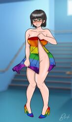 1girls blushstrokes breasts embarrassed female flag glasses high_heels nude rainbow_flag tagme