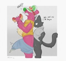 belly_bulge birthday_hat brawl_stars cat_boy digital_media_(artwork) dinosaur doug_(brawl_stars) erection_under_clothes feline hot_dog male/male male_only oc penetration pink_body pochiiwa simple_background speech_bubble sweaty tail twitter