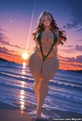 1girl ai_assisted ai_generated arms_behind_back artist_name barefoot beach black_swimsuit breasts cleavage curvaceous curvy curvy_female curvy_figure female full_body gradient_sky green_eyes horizon large_breasts long_hair looking_at_viewer marvel marvel_rivals miyuai multicolored_hair navel ocean one-piece_swimsuit outdoors rogue_(marvel_rivals) sky slingshot_swimsuit smile solo standing star_(sky) starry_sky sunset swimsuit thick thick_ass thick_butt thick_hips thick_legs thick_thighs thighs voluptuous voluptuous_female wading water watermark wavy_hair wide_hips wide_thighs