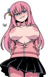 1girls big_breasts blue_eyes blush blush_lines bocchi_the_rock! breasts breasts_out female gotou_hitori large_breasts long_hair looking_at_viewer nipples pink_hair skirt smile solo solo_female sport_clothes track_jacket track_pants track_suit