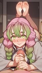 1boy 1girl 2026 ai_generated artist_name barefoot blush boobs braid breasts bust chest demon_slayer feet gradient_hair green_eyes green_hair haori heart hetero hi_res high_quality highres in_box japanese_clothes kanroji_mitsuri kimetsu_no_yaiba long_hair mole mole_under_eye multicolored_hair nail_polish patreon patreon_username pink_hair pink_nails pinkname smile soles solo_focus tits toenail_polish toenails uncensored uniform watermark white_belt