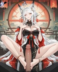 1boy 1boy1girl 1girls adult adult_female aged_up ai_generated animal_ear_fluff animal_ears animal_tail balls bare_shoulders bed big_breasts big_penis blush boobs breasts china_dress chinese_clothes earrings feet feet_fetish female female_dominating_male female_masturbing_male first_person_view foot_fetish footjob fox_ears fox_girl fox_tail girl grey_hair hair_ornament indoor indoors japanese_clothes jewelry light-skinned_female light_skin long_hair machine_muse on_bed patreon_username penis perfect_body pov sex smile tacet_mark_(wuthering_waves) tail touching_penis uncensored very_long_hair watermark white_hair wuthering_waves yellow_eyes