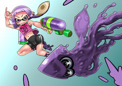 1girls 1other anthro bike_shorts blush breasts cameltoe cephalopod female hair humanoid ink inkling inkling_girl inkling_squid light-skinned_female light_skin long_hair nintendo purple_eyes purple_hair purple_ink shooter shooter_(splatoon) shorts smooth_skin splatoon splatoon_(series) splattershot squid tentacle tentacle_hair unknown_artist