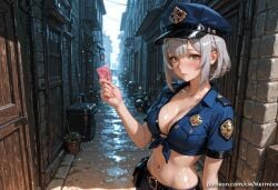 1girl ai_generated alley alternate_costume bangs belt bikini black_bra blue_headwear blue_shirt blunt_bangs blush bra braid breasts cleavage closed_mouth collarbone collared_shirt condom condom_wrapper crop_top front-tie_top genshin_impact green_eyes grey_hair hat holding holding_condom kermixx large_breasts looking_at_viewer midriff navel noelle_(genshin_impact) outdoors patreon_username plant police police_hat police_uniform policewoman potted_plant shirt short_hair short_sleeves solo stomach sweat swimsuit tied_shirt underwear uniform upper_body web_address yellow_eyes