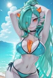 1girls ai_generated alternate_breast_size alternate_hair_color alternate_hairstyle beach beach_background big_breasts bikini blue_bikini blue_hair choker civitai gardevoir hourglass_figure huge_breasts looking_at_viewer orange_eyes pokemon ponytail solo teal_hair thin_waist white_body