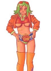 1girl belt blue_belt boognish boots breasts cigarette goggles goggles_on_head green_hair green_nails green_panties gumi hikikogumimori jacket large_breasts navel open_clothes open_jacket orange_boots orange_jacket panties parody red_eyes red_shirt scarf shirt short_hair signature simple_background smoking solo underboob underwear vocaloid ween_(band) white_background white_scarf