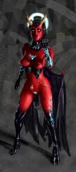 1girls 2016 black_hair breasts demon demon_girl female horns monster_girl nipple_piercing nipples original pubic_hair pussy red_skin solo wings xmlx
