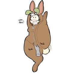 ali_(lopsalien) ambiguous_gender antennae anthro anus_outline anus_visible_through_clothes arms_behind_head big_ass blush breasts brown_eyes brown_fur buckteeth bunny costume cream_fur dialogue digital_media_(artwork) ears_down ears_up eyelashes green_fur groin groping groping_crotch hair_tuft halloween_costume huge_ass lagomorph legs_apart legs_spread lopsalien null null_bulge oc one_leg_up onesie original_character plain_background sharp_teeth shortstack slightly_chubby small_breasts solo solo_focus squish surprised surprised_expression thick_hips thick_thighs wagging_tail wide_eyed wide_hips wide_thighs zipper