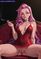 2025 ai_generated anime bare_shoulders blue_eyes breasts breasts_apart choker cigarette cleavage collarbone commando couch covered_navel crossover dress explicit female female_focus highres holding holding_cigarette league_of_legends lips long_hair medium_breasts miamoonsins nail_polish no_bra no_panties parted_lips patreon pink_hair purple_hair pussy red_dress red_nails riot_games seraphine_(league_of_legends) sitting smoke smoking solo spread_legs spread_pussy uncensored very_long_hair