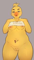 2025 absurd_res anthro anthro_focus apron apron_only avian beak belly_lick big_breasts big_nipples bird blonde_hair bodily_fluids breasts chica_(fnaf) chicken clothing disembodied_tongue english_text eyebrows female female_focus five_nights_at_freddy's front_view galliform gallus_(genus) genitals grey_background hair half-closed_eyes hewa hi_res looking_down narrowed_eyes nipples orange_beak orange_nipples overweight overweight_anthro overweight_female phasianid purple_eyes pussy raised_apron raised_eyebrow scottgames simple_background solo solo_focus standing sweat text thick_thighs tongue vulva white_apron white_clothing wide_hips