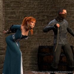 1boy 1girls 3d bandit bondage bound_wrists clothed_bondage damsel_in_distress daz_studio female fully_clothed gag kanebrooks male orange_hair original slave_raid tiara