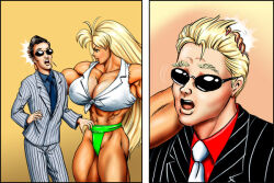 2boys abs biceps blonde_hair breasts dcmatthews female hair long_hair male muscles muscular muscular_arms muscular_female muscular_legs muscular_thighs pecs