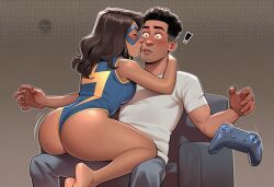 ! !! 1boy aged_up ai_generated ass bare_shoulders barefoot black_hair blue_leotard blush breasts brown_hair closed_eyes clothing controller couch dark-skinned_female dark_skin domino_mask facial_hair female game_controller grey_background grey_pants imminent_kiss kamala_khan kissing kissing_cheek large_breasts leotard long_hair looking_at_another male marvel marvel_comics mask miles_morales pants phophopho shirt short_hair sitting sitting_on_person straight surprise_kiss surprised sweatdrop t-shirt undercut white_shirt