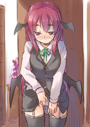 bat_wings drawn female hat head_wings highres koakuma long_hair masturbation panties patchouli_knowledge purple_hair red_eyes red_hair skirt skirt_lift spirytus_tarou touhou underwear wings