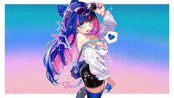 absurdres adjusting_eyewear ai_assisted alternate_costume aqua_background aqua_bag aqua_eyes back bag between_breasts black_skirt blue-tinted_eyewear blue_bag blue_bow blue_nails blue_thighhighs blush bow bracelet breasts broken_heart can colored_inner_hair commentary cross_bracelet earrings english_commentary eyewear_on_head female fingernails glitter gradient_background hairbow handbag heart highres holding holding_can hoop_earrings jewelry large_breasts long_hair long_sleeves looking_back multicolor-tinted_eyewear multicolored_hair nail_polish open_mouth panty_&_stocking_with_garterbelt pink-tinted_eyewear pink_background pink_hair pink_lips polka_dot polka_dot_background purple_hair sachichuu shirt skirt solo spoken_heart stocking_anarchy strap_between_breasts streaked_hair striped_clothes striped_thighhighs sunglasses teeth thighhighs thighs third-party_edit tinted_eyewear twitter_username two-tone_hair uncropped upper_teeth_only wallpaper white_shirt