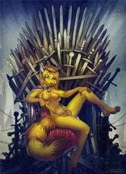 anthro breasts canine crown fantasy female fox fur furry game_of_thrones hair iron_throne king long_hair mammal nipples nude pumzie royalty solo sword throne vagabondbastard weapon