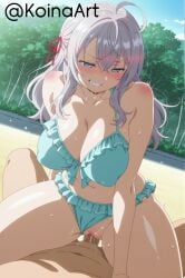 ai_generated alisa_mikhailovna_kujou bikini blue_eyes breasts clenched_teeth cowgirl_position female female_domination femdom frilled_bikini half-closed_eyes koinaart looking_down male on_top patreon penis perky_breasts pov saliva sex smirk smug stable_diffusion thick_ass thick_thighs tokidoki_bosotto_russian_de_dereru_tonari_no_alya-san white_hair
