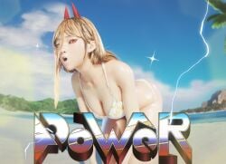 3d 3d_artwork anime beach bikini blender blonde_hair blush chainsaw_man cloud devil horns lens_flare lightning logo looking_at_viewer on_knees outside power_(chainsaw_man) puckered_lips revniero3d variant_set wet_skin yellow_eyes