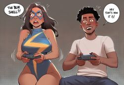 1boy aged_up ai_generated bare_shoulders black_hair blue_leotard blue_pants blush breasts brown_eyes brown_hair cellphone clothing controller dark-skinned_female dark-skinned_male dark_skin domino_mask english_text facial_hair female game_controller gamepad gradient_background grey_background highleg highleg_leotard holding holding_controller holding_game_controller holding_phone jeans kamala_khan large_breasts leotard long_hair looking_at_viewer male mario_kart marvel marvel_comics mask miles_morales moustache open_mouth pants phone phophopho playing_games playing_videogame playstation_controller shirt short_hair short_sleeves simple_background sitting smile speech_bubble stubble superhero t-shirt teeth upper_teeth_only very_dark_skin white_shirt