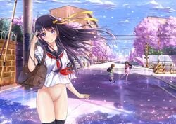 black_hair blue_eyes blush cherry_blossoms city kazeno long_hair navel nopan original petals photoshop pussy seifuku skirt thighhighs tree umbrella uncensored