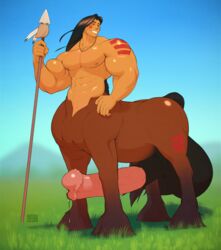 1boy animal_genitalia balls big_balls big_penis bng centaur equine erection flared_penis hair horsecock human hyper hyper_balls hyper_penis long_hair male male_only mammal muscles nude penis polearm precum smile solo spear taur