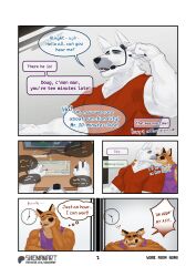 2boys 2males anthro anthro_male blue_eyes blue_eyes_male blue_speech_bubble blue_teeth brown_speech_bubble brown_text canid canine canis clock computer computer_keyboard computer_mouse computer_screen cougar domestic_dog doug_(shenanart) english_dialogue english_text felid feline furry furry_male green_speech_bubble green_text headphone headphones_on_head male male_anthro male_furry microphone muscles muscular muscular_anthro part_of_a_series part_of_a_set part_of_comic patreon patreon_link patreon_logo patreon_url patreon_username purple_speech_bubble purple_tank_top purple_text red_shirt samoyed sfw sfw_version shenanart shirt speech_bubble steph_(shenanart) tank_top tanktop time_skip timer video_call waiting waiting_for_sex white_body white_fur working_out
