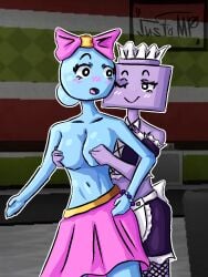 2girls big_chest black_eyes breasts bubble bust cyan_skin dandy's_world dandys_world dress female female_only justamop lavender_maid_tisha maid napkin poppy_(dandy's_world) purple_skin roblox tisha_(dandy's_world) topless