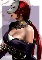 1girl border breasts chest_sarashi cleavage fox_mask highres japanese_clothes kimono kittymiya kunimitsu_(tekken) large_breasts long_hair low_twintails mask mole mole_under_mouth purple_background purple_kimono red_hair red_lips sarashi scar scar_on_face simple_background single_bare_shoulder single_off_shoulder solo_focus tekken twintails upper_body white_border