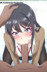 1boy :>= ai_generated animated bed_sheet black_hair blazer blue_eyes blue_skirt blush breasts brown_jacket censored clothed_female_nude_male collarbone collared_shirt dark-skinned_male dark_skin fellatio female from_above hair_ornament hairclip hand_on_another's_head interracial jacket kneeling long_hair looking_at_viewer looking_up loop looping_animation makeup male mosaic_censoring necktie nude open_clothes oral pantyhose penis pleated_skirt pov purple_eyes red_necktie ruledream34 sakurajima_mai saliva school_uniform seishun_buta_yarou_wa_bunny_girl_senpai_no_yume_wo_minai shirt skirt solo_focus straight tagme video white_shirt