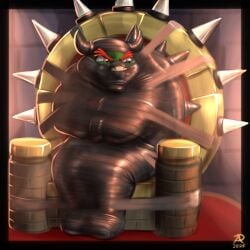 1:1 1boy anthro bondage bound bowser chair furniture furry furry_male furry_only gagged hi_res horn king koopa male male_only mario_(series) mummification mummified nintendo radasus reptile royalty scalie shell solo solo_focus solo_male spikes tagme tape tape_bondage tape_gag throne