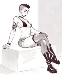 big_lips bikini_top booty_shorts combat_boots female incase lipstick monochrome nose_ring punk side_shave solo tattoo thigh_highs