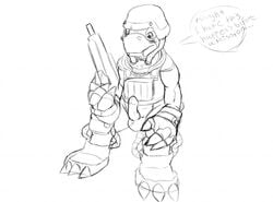 commandramon digimon embarrassed english_text erection gun heibanhikaru male male_only monochrome penis ranged_weapon sitting sketch soldier solo testicles text weapon