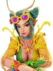 1girls 3d antennae_(anatomy) bangle bikini cleavage female glasses glasses_on_head green_eyes green_hair hair_bun looking_at_viewer mantis_(marvel) mantis_(marvel_rivals) mantis_(oceanic_harmony) marvel marvel_comics marvel_rivals necklace pointy_ears starfish sweethime transparent_background