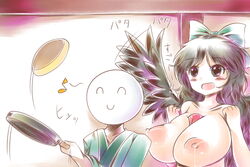 1boy :d bird_wings black_hair blush_stickers bow breasts collarbone couple doku_corne female frying_pan hairbow huge_breasts lactation long_hair open_mouth pancake purple_eyes smile third_eye touhou utsuho_reiuji