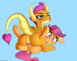 2018 ? anus ass blush digital_media_(artwork) dock dragon duo equine eyelashes female friendship_is_magic hair hair_on_head hi_res hooves mammal my_little_pony n0nnny purple_hair pussy scootaloo_(mlp) simple_background smolder_(mlp) underhoof wings young