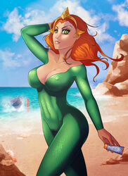 1girls aquaman_(series) beach beige_skin bodysuit breasts cameltoe cleavage clothing day dc erect_nipples female female_only green_bodysuit hair jpeg large_breasts mera ninjakitty nipple_bulge orange_hair outdoors red_hair tight_clothing walking