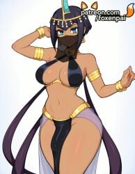 1futa 2025 ai_generated artist_name black_hair bracelet breasts bust chest dark-skinned_female dark_skin earrings eliza_(skullgirls) female foxenpai futanari gradient gradient_background hi_res high_quality high_resolution highres intersex jewelry navel patreon patreon_username pelvic_curtain skullgirls smile solo stable_diffusion watermark