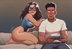 1boy aged_up ai_generated ass barefoot black_hair black_pants blue_leotard blush breasts brown_eyes closed_mouth clothing controller couch dark-skinned_male dark_skin domino_mask facial_hair female game_controller hand_on_another's_shoulder highleg highleg_leotard holding holding_controller holding_game_controller kamala_khan large_breasts leotard lips long_hair looking_at_another male marvel marvel_comics mask miles_morales muscular muscular_male on_couch open_mouth pants phophopho playing_games seiza shirt short_hair short_sleeves sitting smile straight stubble superhero t-shirt teeth thick_thighs thighs white_shirt