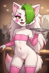 ai_generated anthro bottomless_female canine crowd detached_sleeves eyeshadow female five_nights_at_freddy's five_nights_at_freddy's:_security_breach flat_chest hair_over_one_eye half-closed_eyes heart open_mouth pussy roxanne_wolf_(fnaf) thighhighs tubetop valentine's_day waitress white_body white_hair wolf yellow_eyes