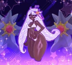 cute dark-skinned_female dark_skin drill_hair female game_freak hair_ornament jacinthe_(pokemon) lavender_hair mega_evolution mega_starmie pokemon pokemon_legends:_z-a shiny_skin smile sparkles starmie tagme tuif white_bikini wide_hips yukari_(pokemon)